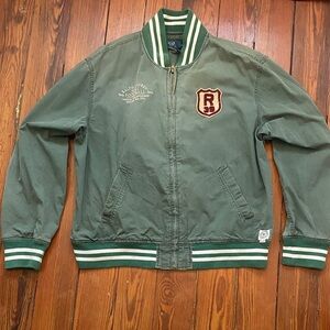 Vintage Ralph Lauren Olive Green Varsity Jacket with White Stripes